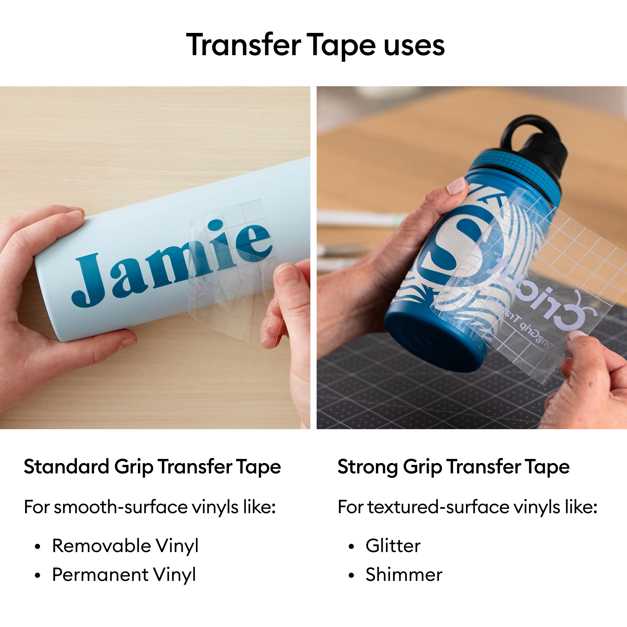 Das Bild zeigt die Verwendung von Transferband. Links: hellblauer Becher mit Jamie-Aufkleber. Rechts: blaue Flasche mit Aufkleber.