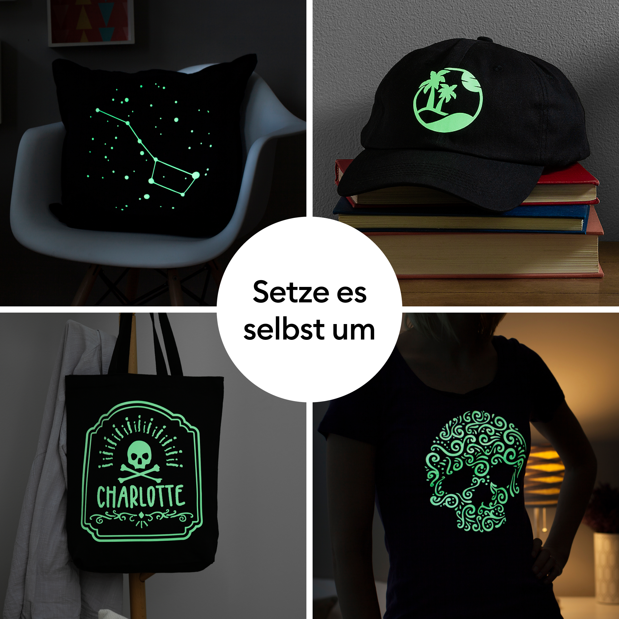 Vier Artikel leuchten im Dunkeln: Kissen mit Sternen, Hut mit Palmen, Tragetasche und ein Shirt mit Totenkopf.