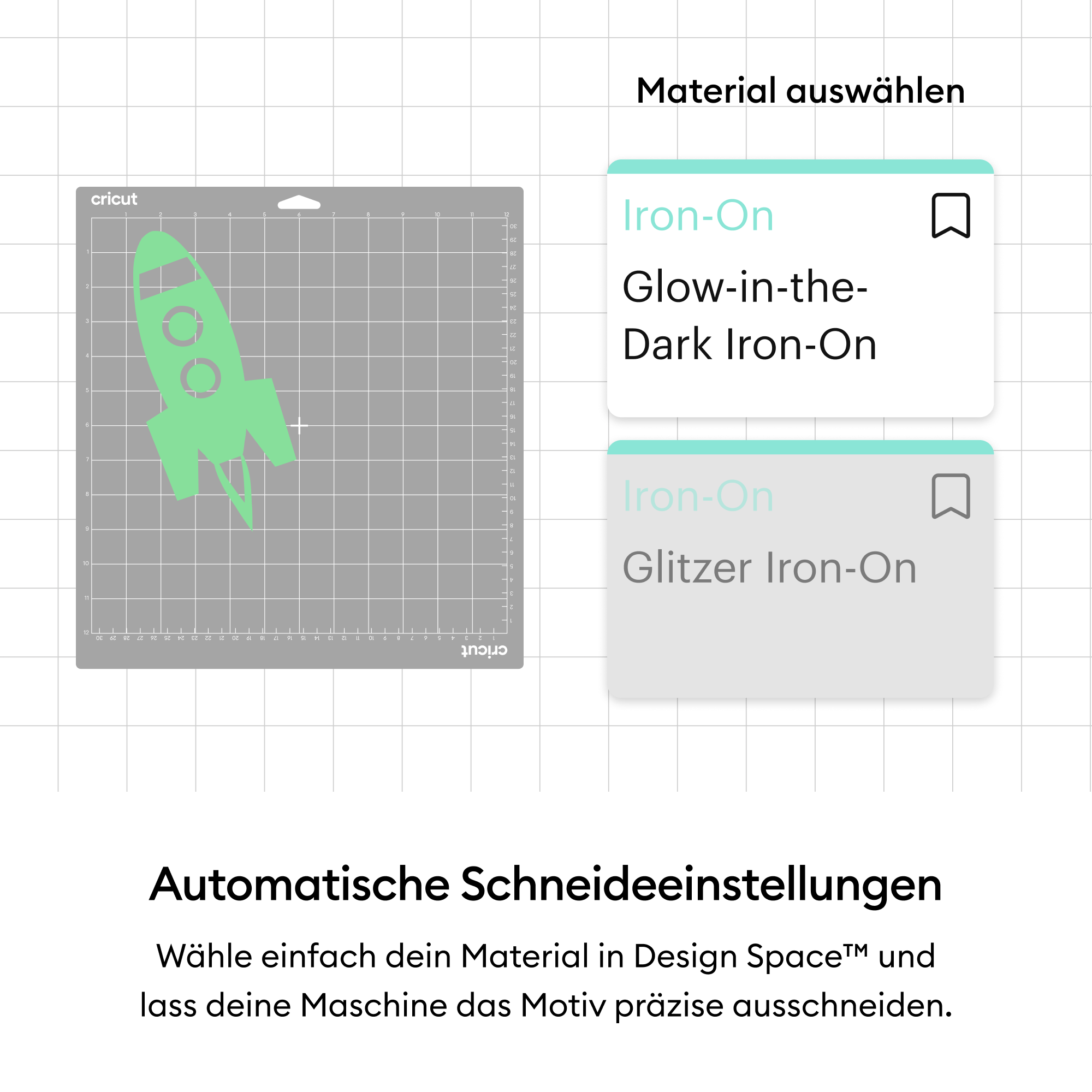 Eine mintgrüne Rakete auf einer grauen Matte. Text: Iron-On Glow-in-the-Dark Iron-On. Text: Glitzer Iron-On. Weißer Gitterhintergrund.