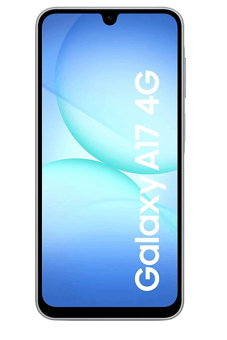 Un smartphone Samsung Galaxy A17 4G sobre fondo negro. La pantalla muestra un degradado azul con texto blanco.