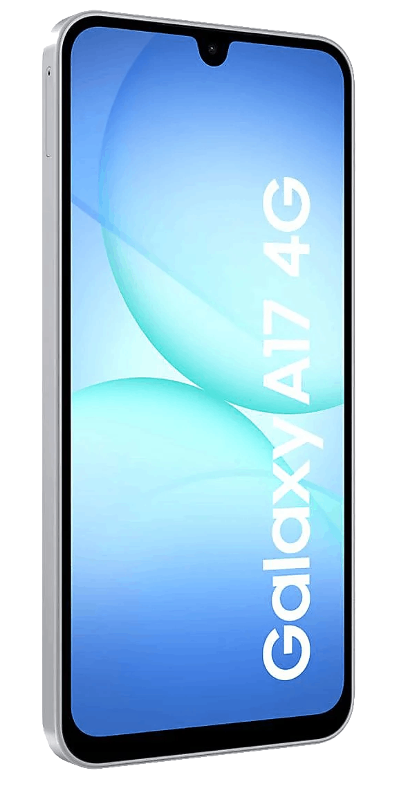 Un smartphone Samsung Galaxy A17 4G, marco plateado, pantalla con degradado azul y texto blanco.