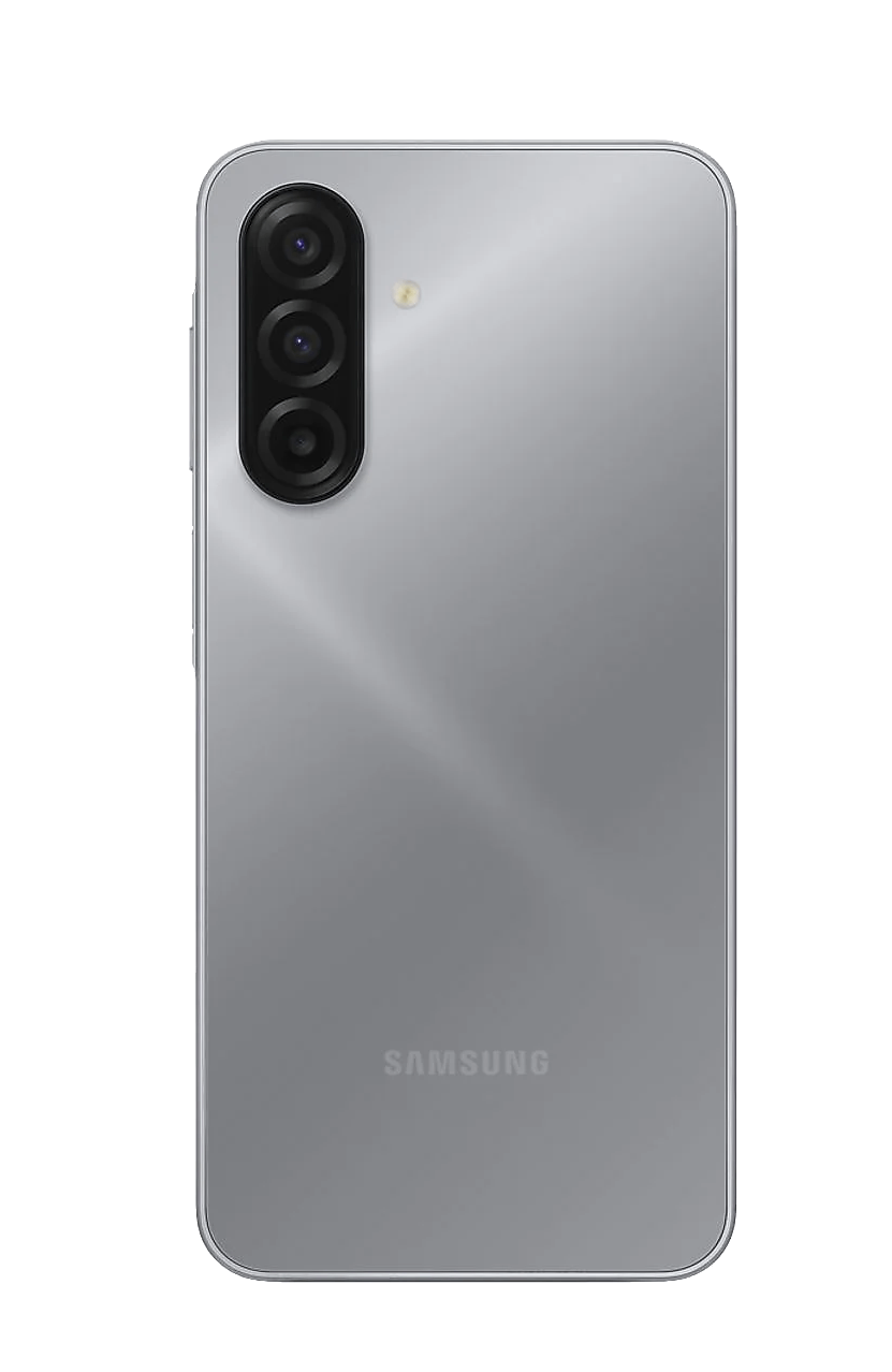 Parte trasera de un teléfono Samsung plateado. Tiene tres cámaras y un flash. El logotipo de Samsung está abajo.