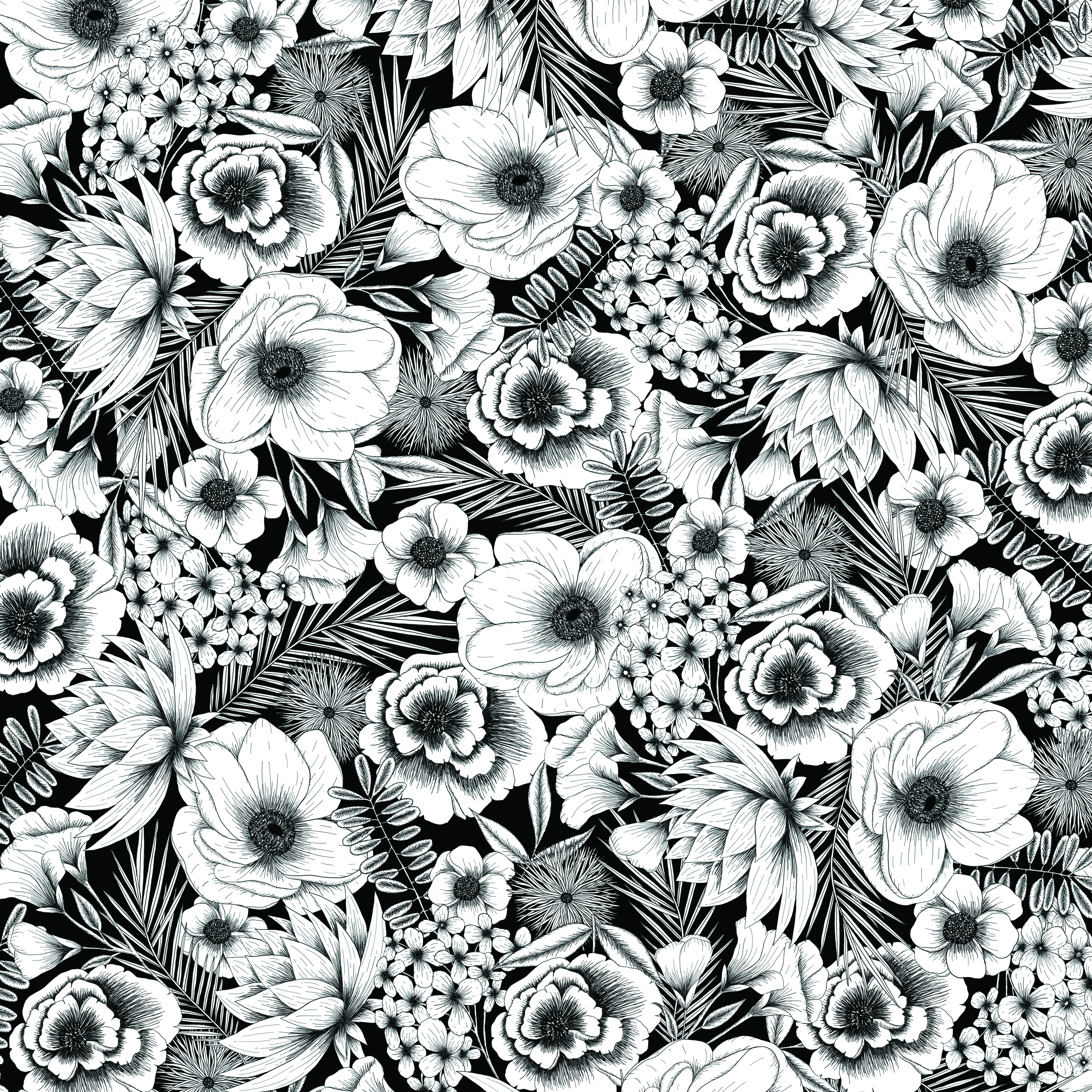 Schwarz-weißes Blumenmuster. Anemonen, andere Blumen und Blätter füllen den Rahmen und bilden ein dichtes, detailliertes Design.