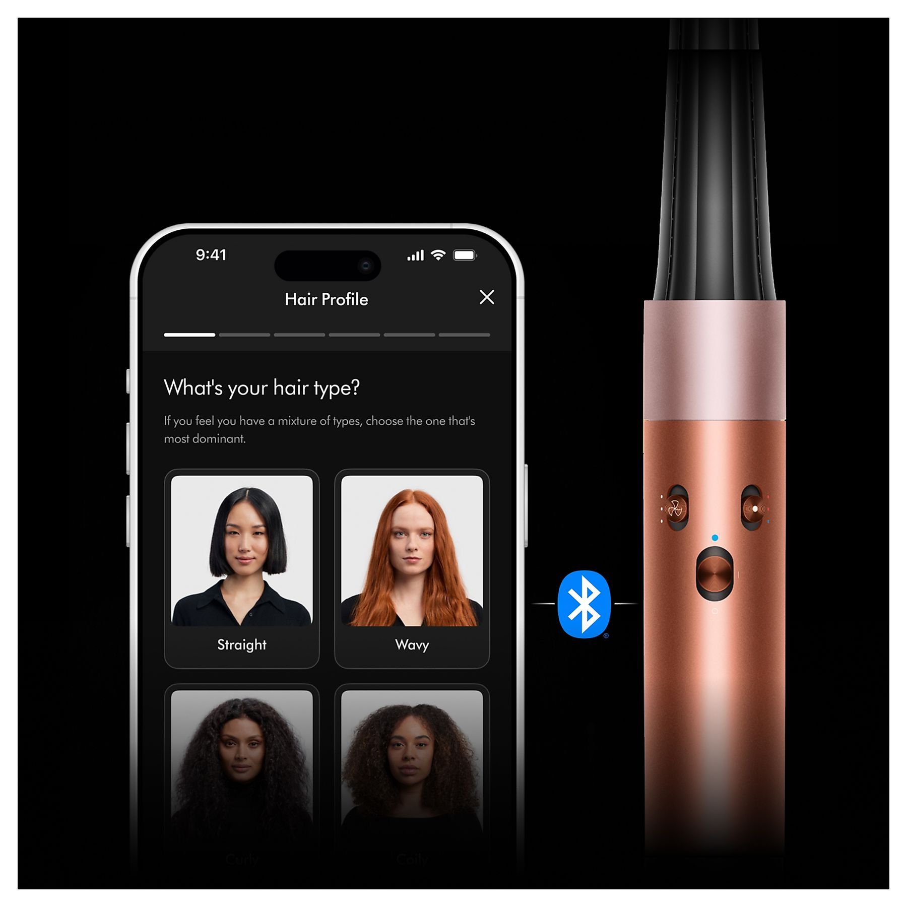 Obraz przedstawia telefon z ekranem profilu włosów i urządzeniem do stylizacji włosów. Widoczne logo Bluetooth.