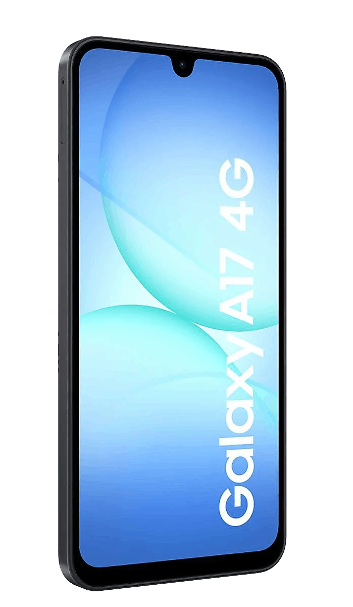 Un teléfono inteligente Samsung Galaxy A17 4G, marco negro, pantalla azul con texto blanco. Dos orbes azul claro en la pantalla.