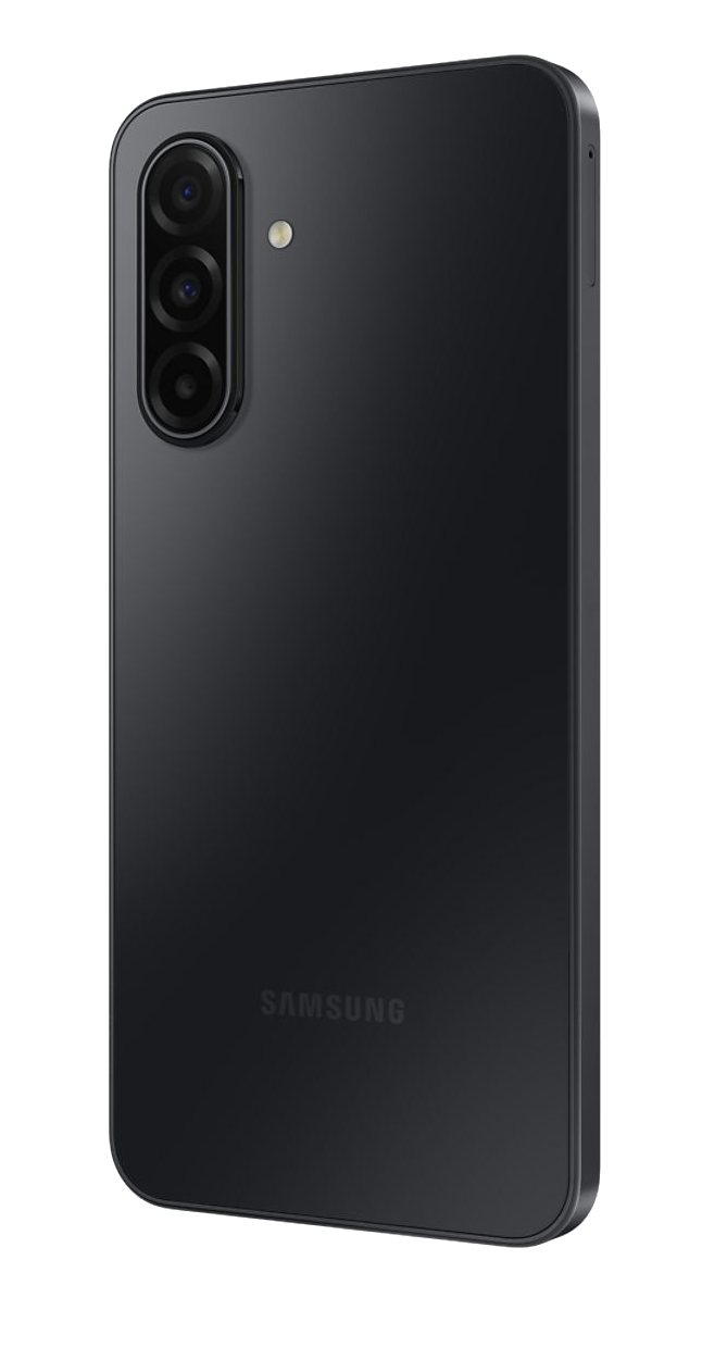 La parte trasera de un smartphone negro con tres cámaras y el logo de Samsung. El teléfono está ligeramente inclinado.