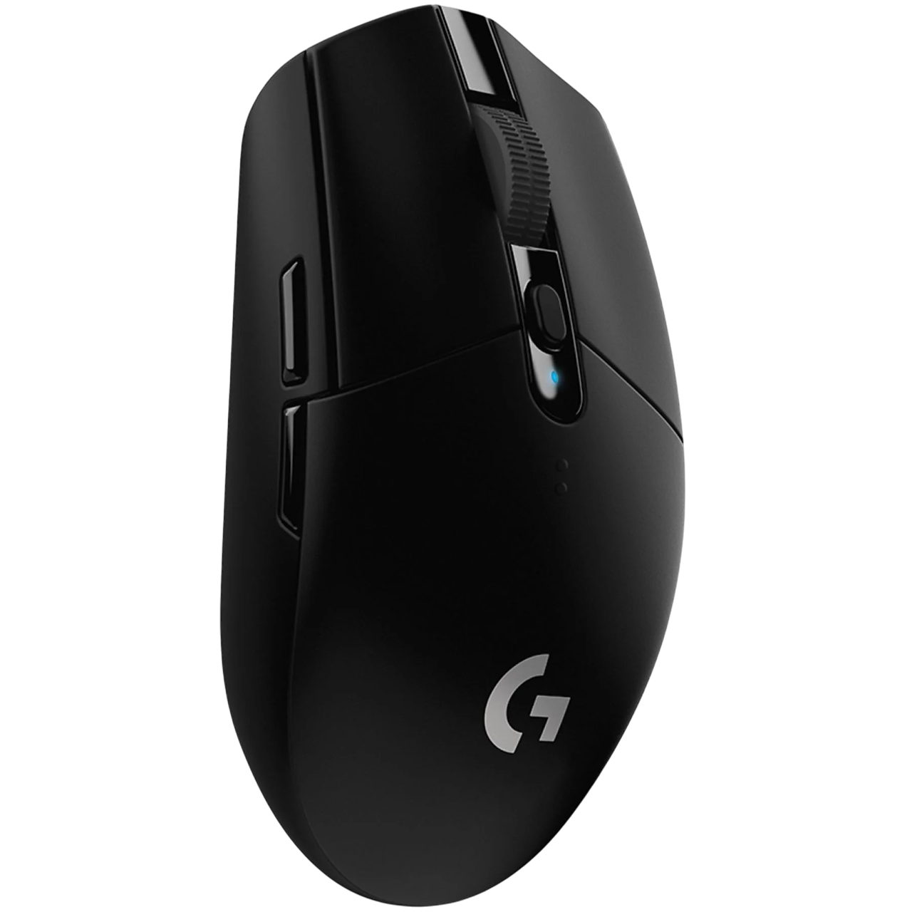 Siyah bir bilgisayar faresi, kaydırma tekerleği, yan düğmeler ve mavi ışık. Logitech 'G' logosu görünür.
