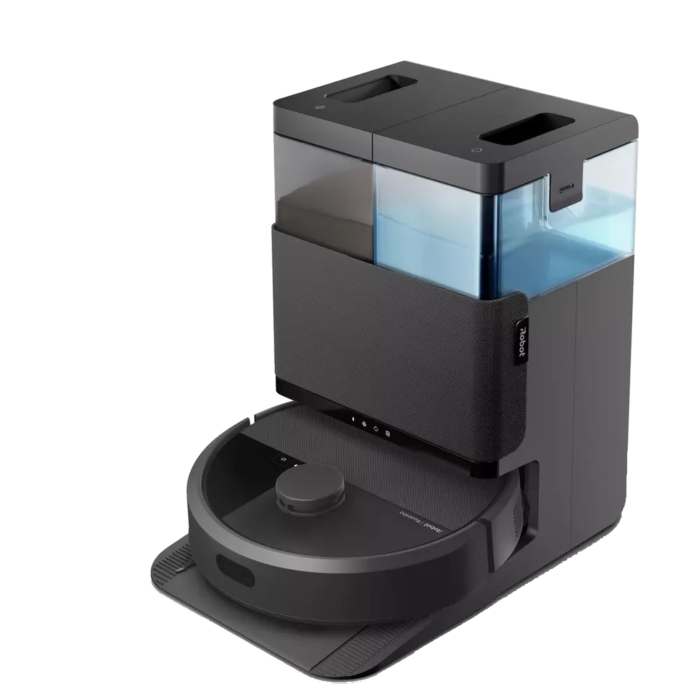 Czarny i szary odkurzacz robot z stacją ładującą. Stacja ma zbiornik na wodę. Odkurzacz jest na macie.