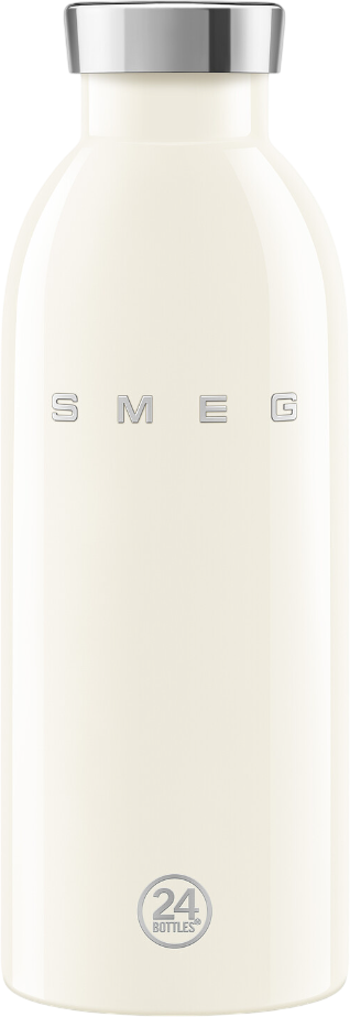 Eine cremefarbene Wasserflasche mit silbernem Deckel und dem Wort SMEG. Unten befindet sich das Logo '24 bottles'.