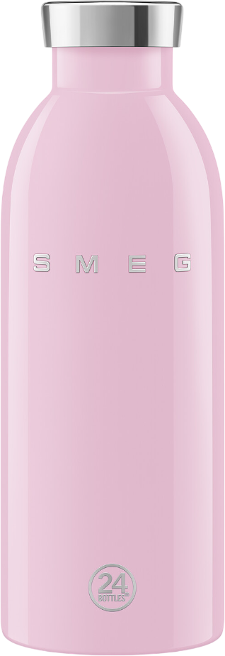Eine rosa Smeg-Wasserflasche mit silbernem Deckel und Logo. Unten befindet sich ein 24 Bottles-Logo.
