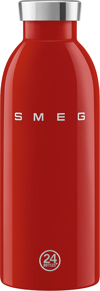 Rote SMEG-Wasserflasche mit silbernem Deckel. Der Boden hat ein 24 Bottles-Logo. Die Flasche steht auf schwarzem Hintergrund.