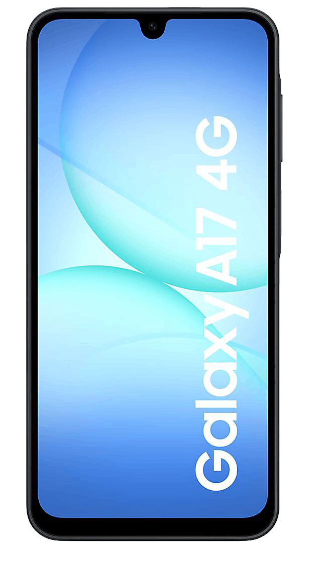 Una pantalla de smartphone muestra 'Galaxy A17 4G' sobre un fondo azul degradado con líneas curvas blancas.