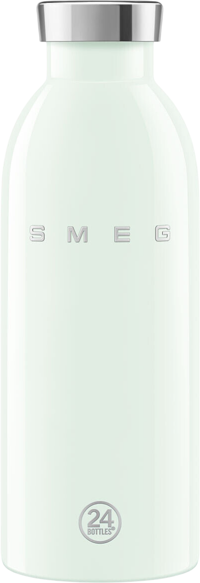 Eine hellgrüne Wasserflasche mit silbernem Deckel. Das Wort SMEG ist in Silber geschrieben. Das 24 Bottles-Logo befindet sich unten.