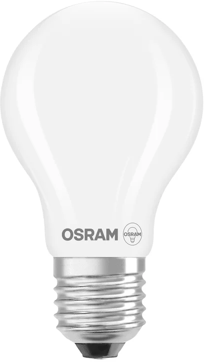 Une ampoule LED OSRAM blanche. Elle a une forme arrondie avec une base argentée. La marque et le logo sont visibles.