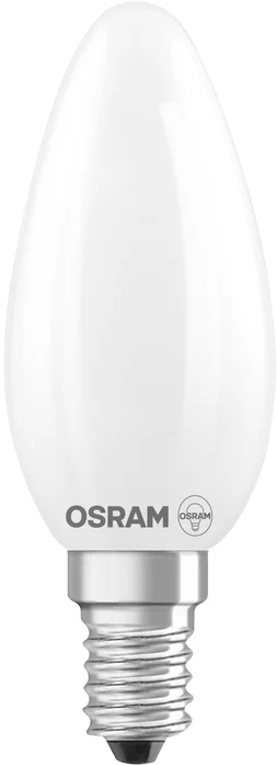 Una lampadina bianca a forma di goccia con il marchio OSRAM. La base è argentata con filettatura.