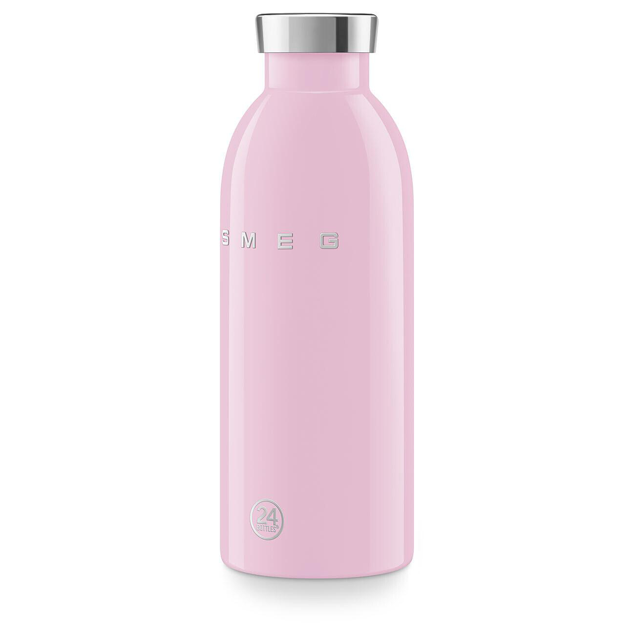 Eine rosa Wasserflasche mit silbernem Deckel. Auf der Flasche stehen die Wörter 'SMEG' und das Logo '24 bottles'.