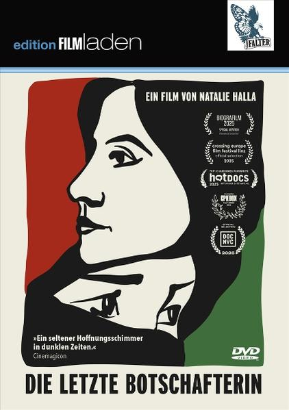 Poster für einen Film namens 'Die Letzte Botschafterin' mit dem Profil einer Frau und Filmfestival-Auszeichnungen.