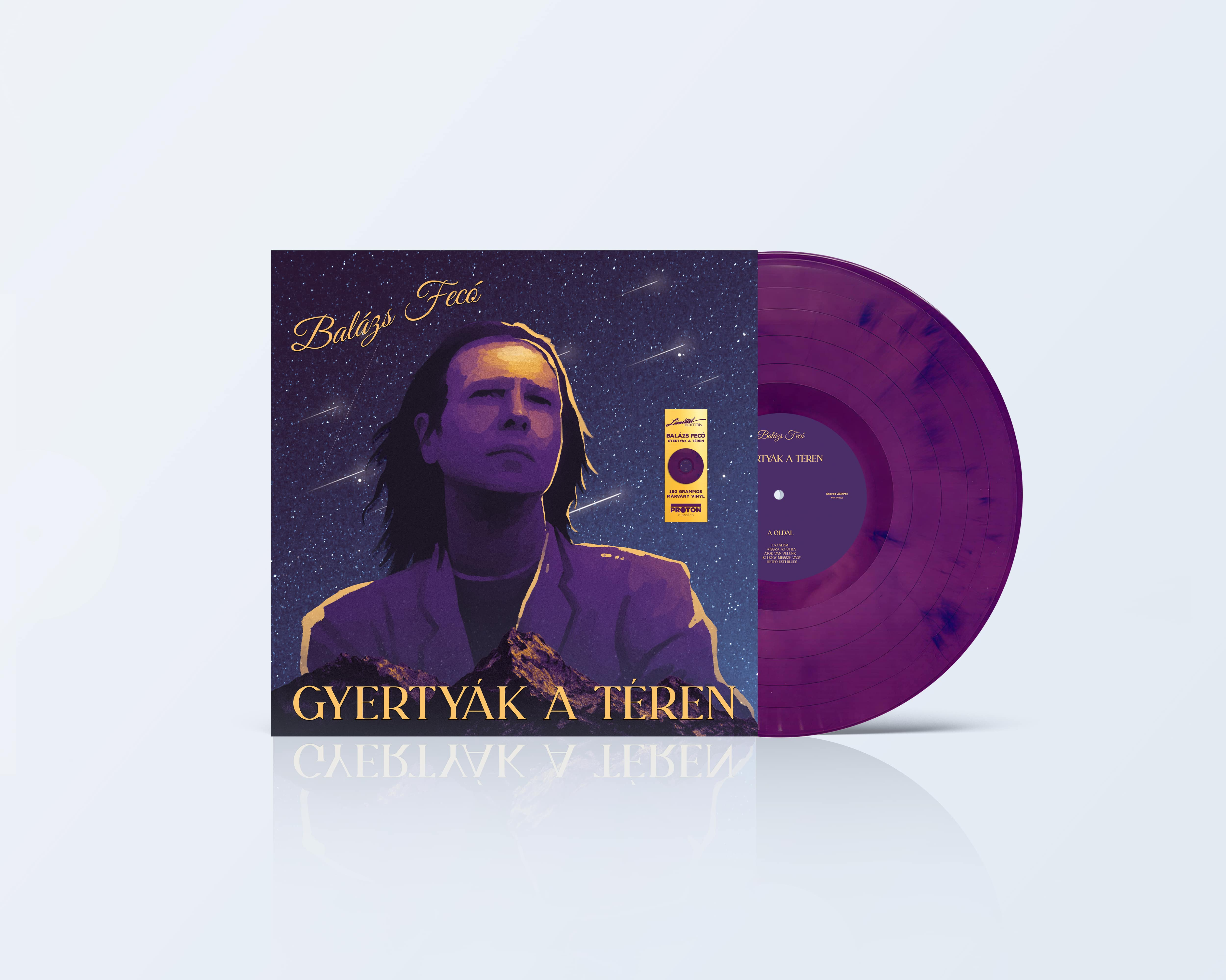 Album borító: hosszú hajú férfi portréja, lila bakelit lemez jobbra. Cím: 'Gyertyák a Térén'.