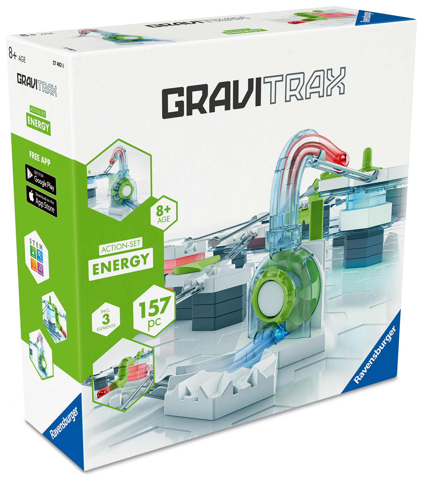 Eine GraviTrax Energy-Set-Box zeigt eine Bahn mit grünen, roten und blauen Komponenten. Die Box ist weiß mit dem Logo.