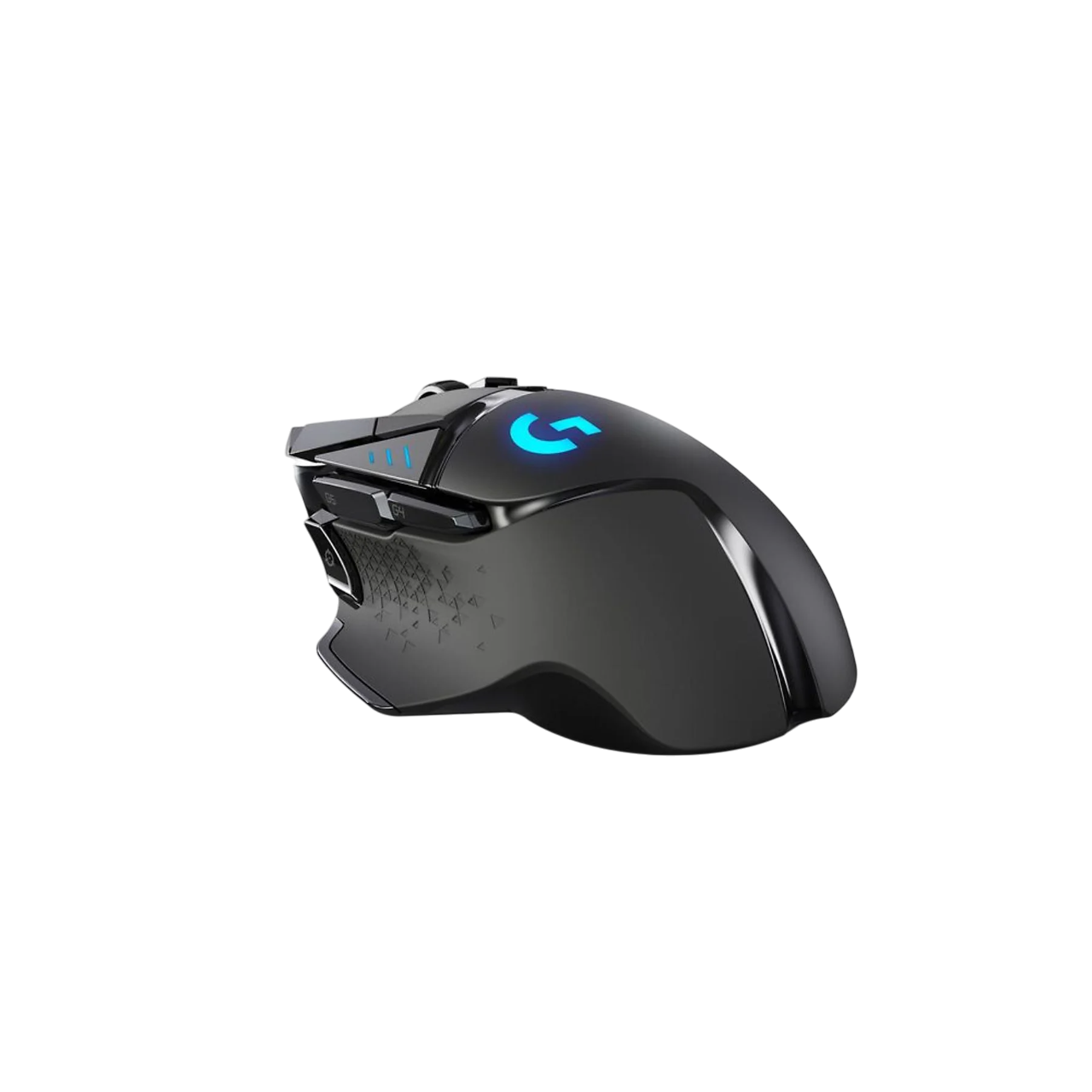 Siyah zemin üzerinde, mavi ışıklı logo ve tuşlara sahip siyah Logitech oyun faresi.