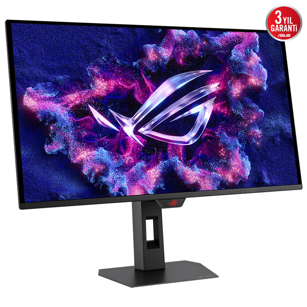 Siyah bir bilgisayar monitörü ve standı. Ekran, renkli soyut bir tasarım görüntülüyor. Ekranda bir logo görülüyor.