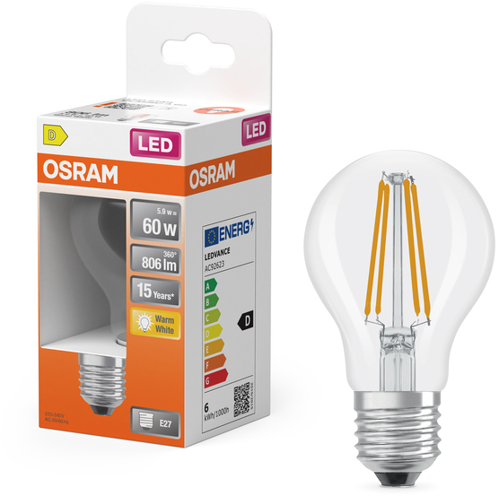 Une ampoule LED Osram à côté de sa boîte orange et blanche. L'ampoule est transparente avec une base argentée. La boîte présente des spécifications et une marque.