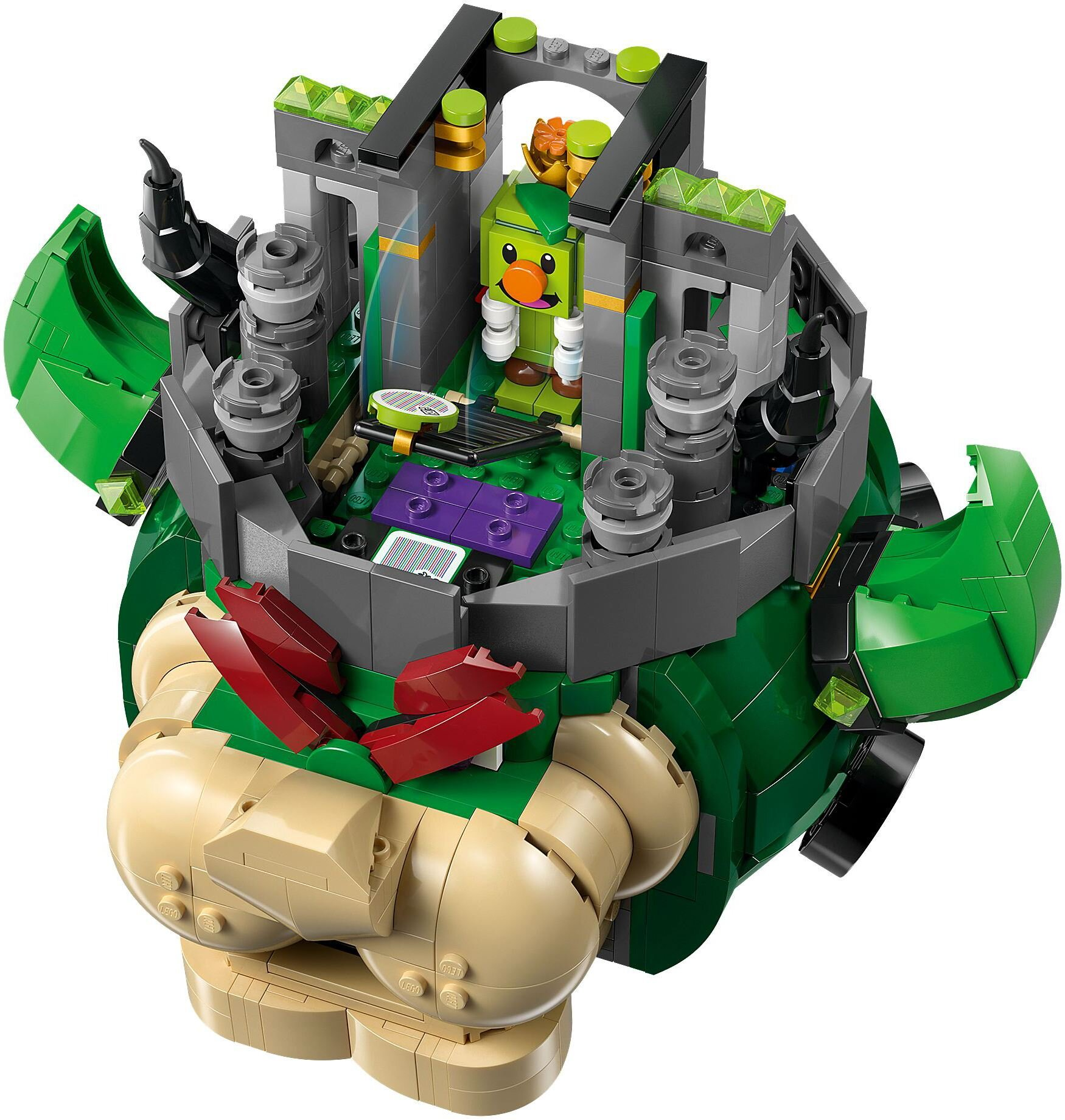 Zestaw Lego Bowser. Kolory zielony, beżowy i szary. Zawiera figurkę zielonej postaci z pomarańczowym nosem.