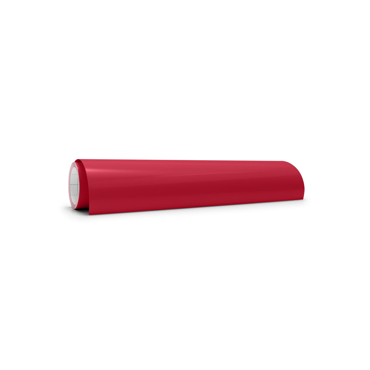 Eine Rolle rotes Material liegt auf einer weißen Oberfläche. Das Material ist teilweise abgerollt, wobei ein weißer Kern sichtbar wird.