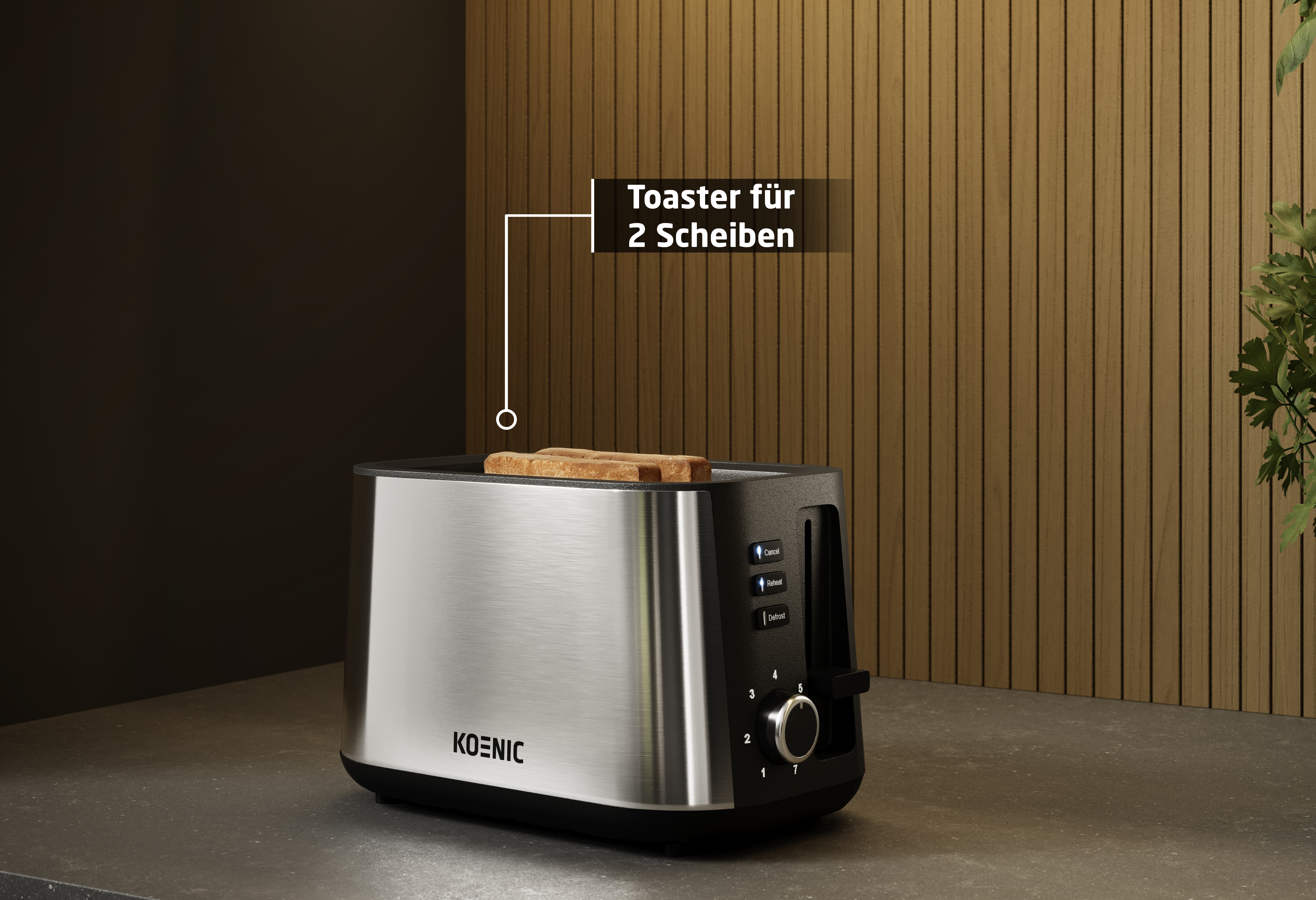 Ein Toaster aus Edelstahl mit zwei Toastscheiben. Er steht auf einer Theke mit Holzgrund. Die Marke ist Koenic.