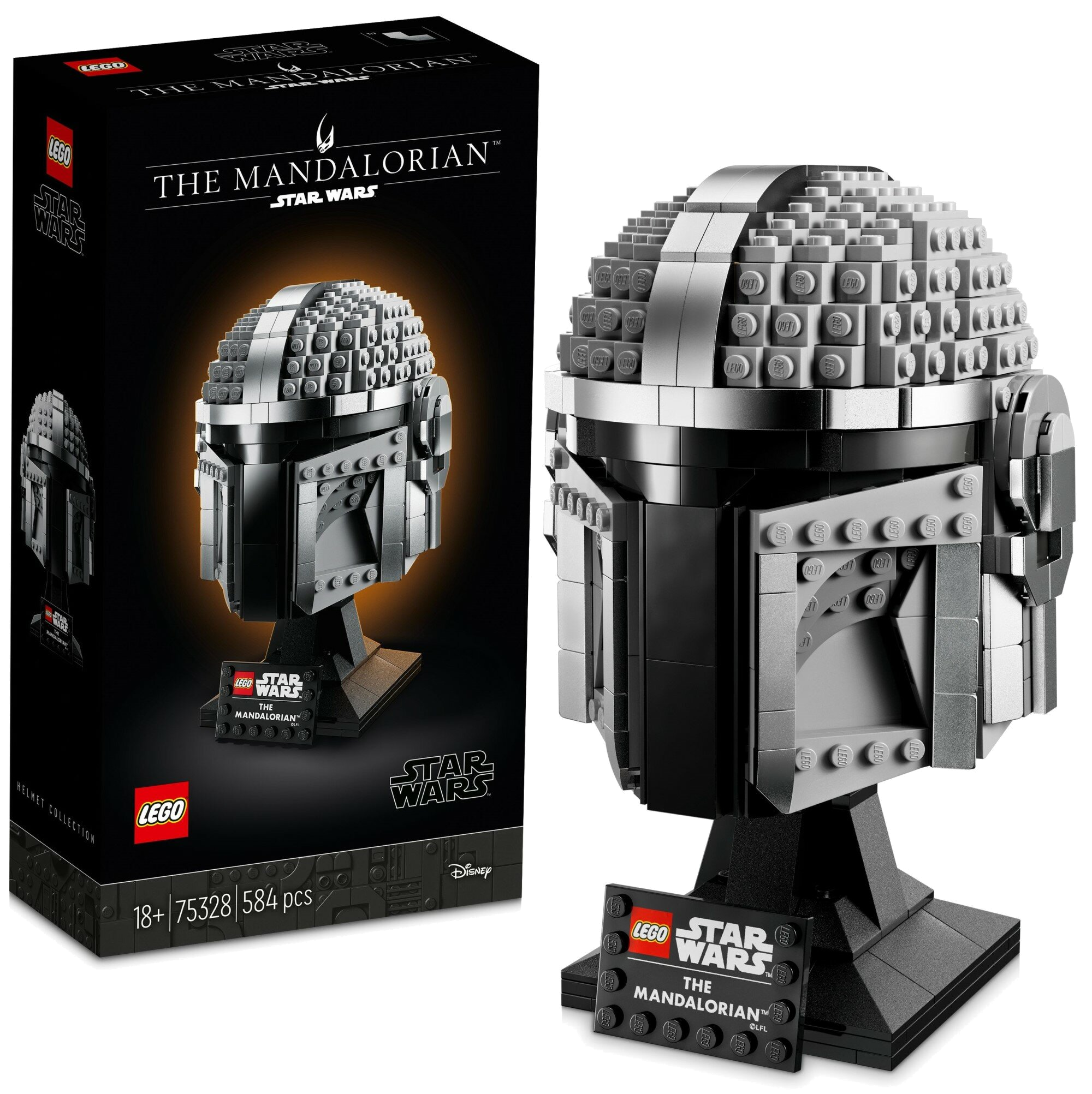Wyświetlany jest zestaw hełmu Lego Star Wars Mandalorian. Pudełko jest po lewej stronie, hełm po prawej. Czarne i szare klocki.