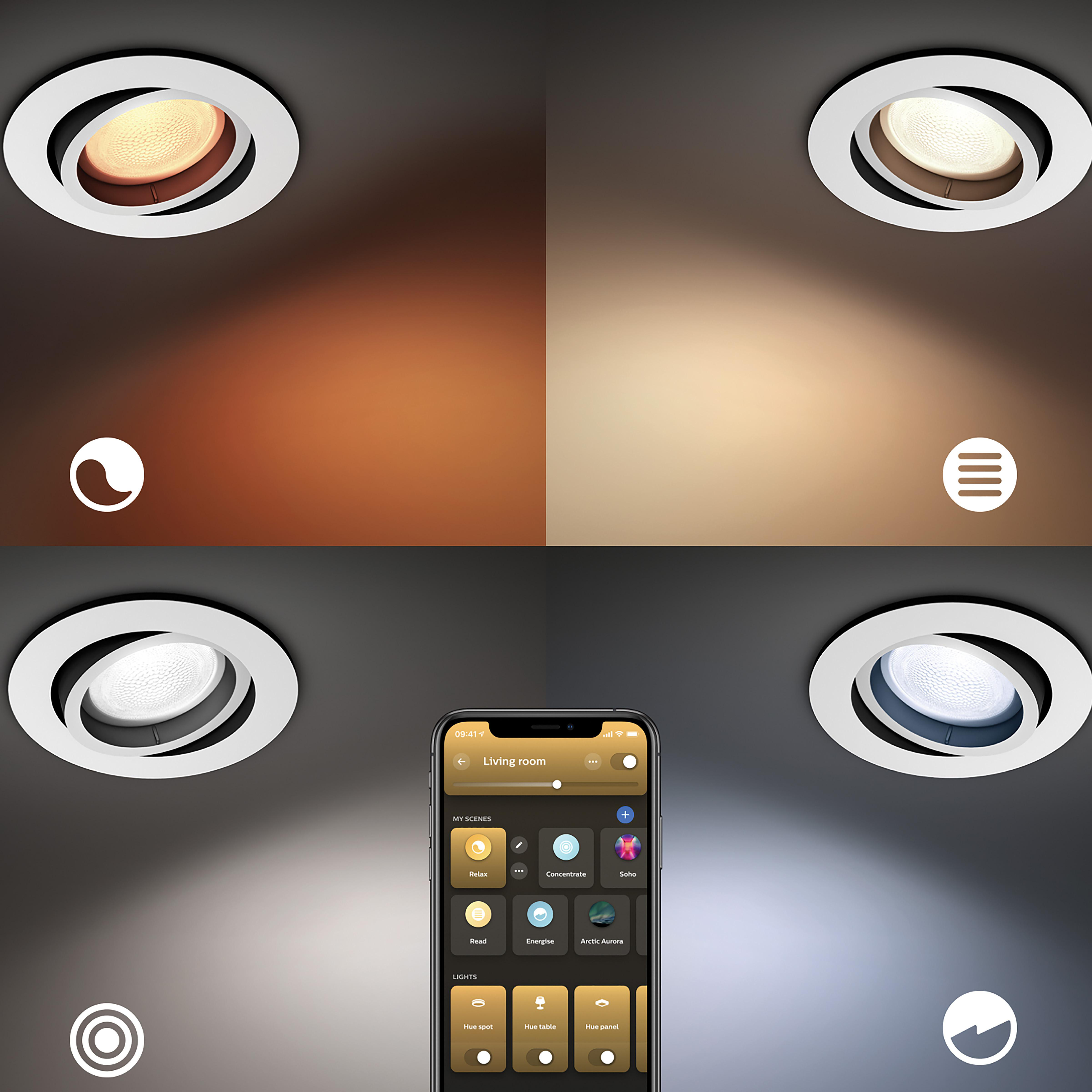 Vier Einbaustrahler mit unterschiedlichen Farbtemperaturen. Ein Telefon zeigt Smart-Home-Steuerelemente.