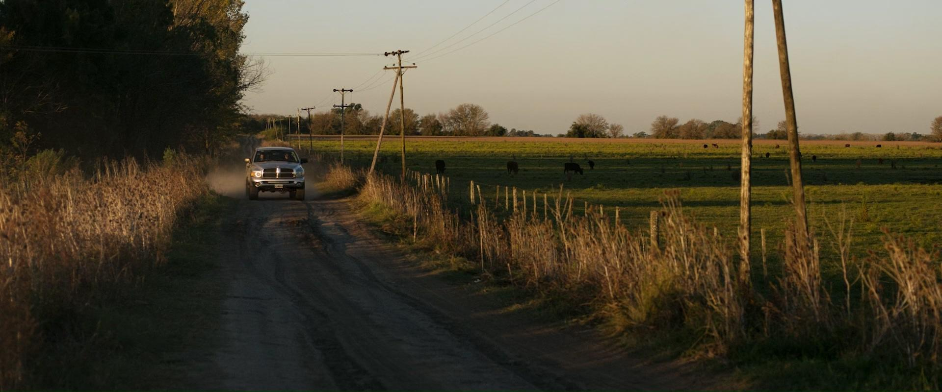 Ein Truck fährt eine unbefestigte Straße entlang, links Bäume, rechts Felder und Kühe, darüber Stromleitungen.