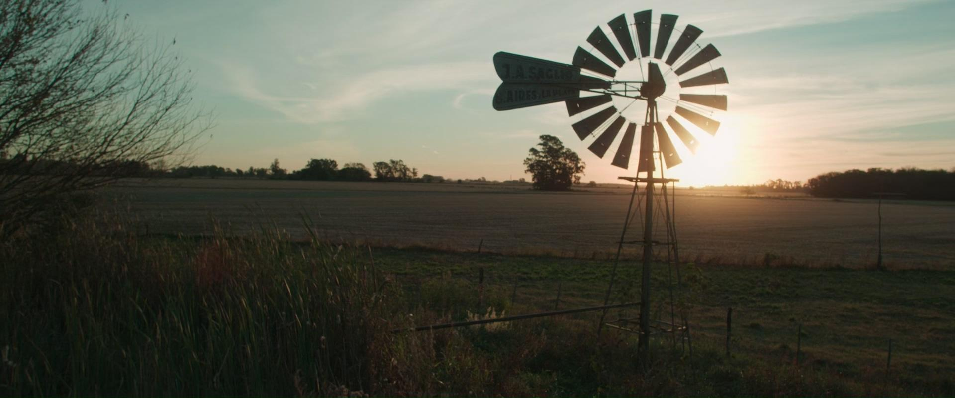 Eine Windmühle steht bei Sonnenuntergang auf einem Feld. Die Flügel sind gegen die Sonne silhouettiert. Gras und Bäume im Vordergrund.