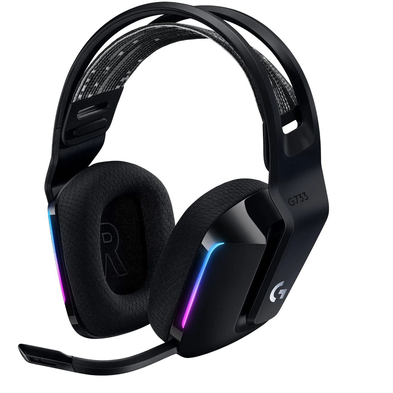Siyah Logitech G733 kulaklık. Kulaklık başlıklarında RGB aydınlatma var. Kafa bandında desenli kumaş var. Mikrofon sol kulaklıktan uzanır.