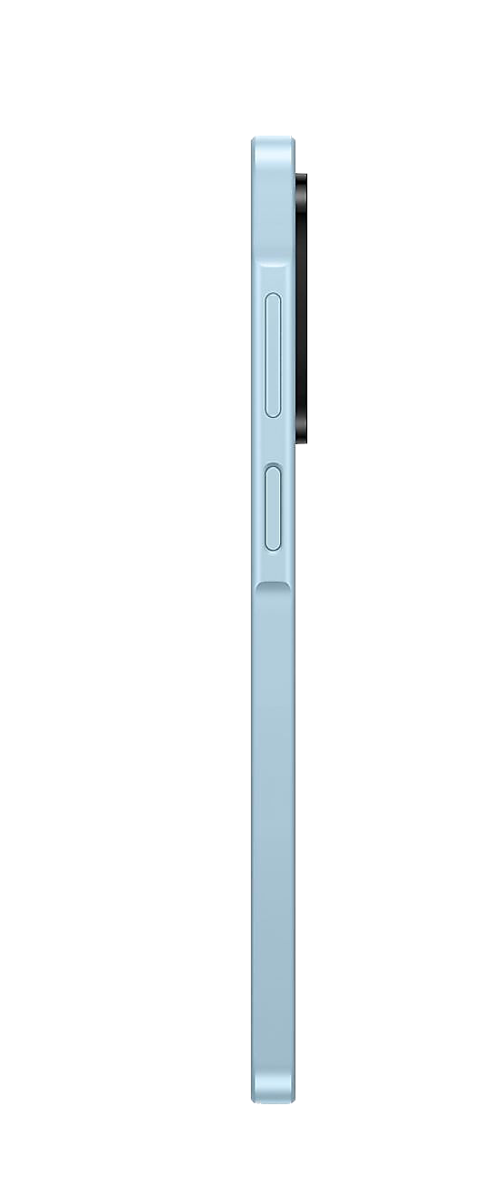 Vista lateral de un smartphone azul claro. Tiene dos botones de volumen y una protuberancia de la cámara en el lateral. El fondo es negro.