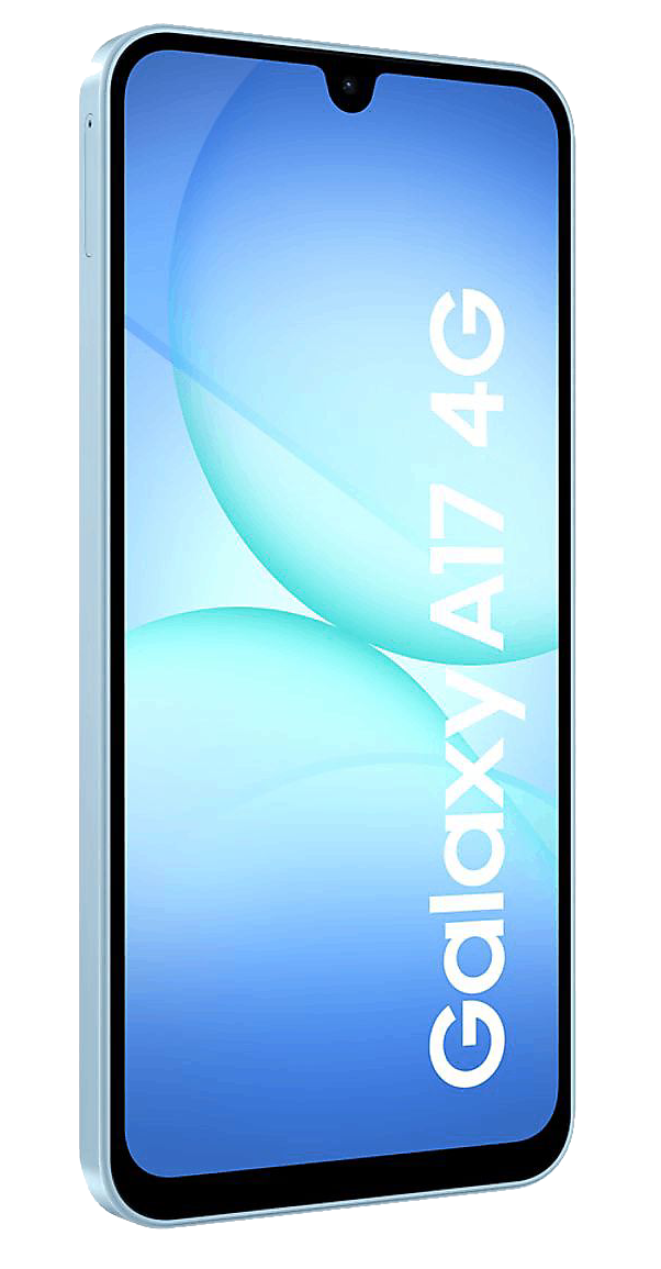 Un smartphone Galaxy A17 4G en azul claro. La pantalla muestra un degradado azul con formas circulares blancas.