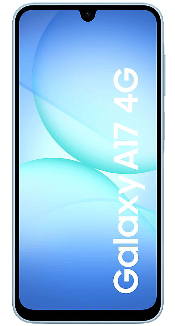 Una pantalla de smartphone muestra el logotipo Galaxy A17 4G. La pantalla tiene un degradado azul con diseños circulares blancos.