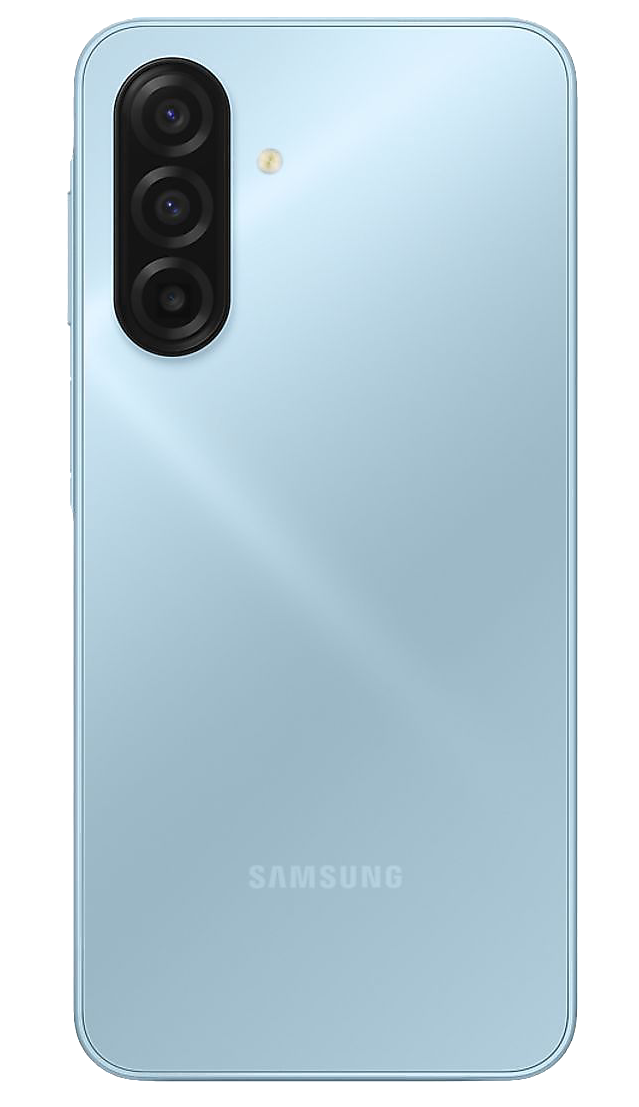 Parte trasera de teléfono Samsung azul claro con triple cámara y logotipo de Samsung.