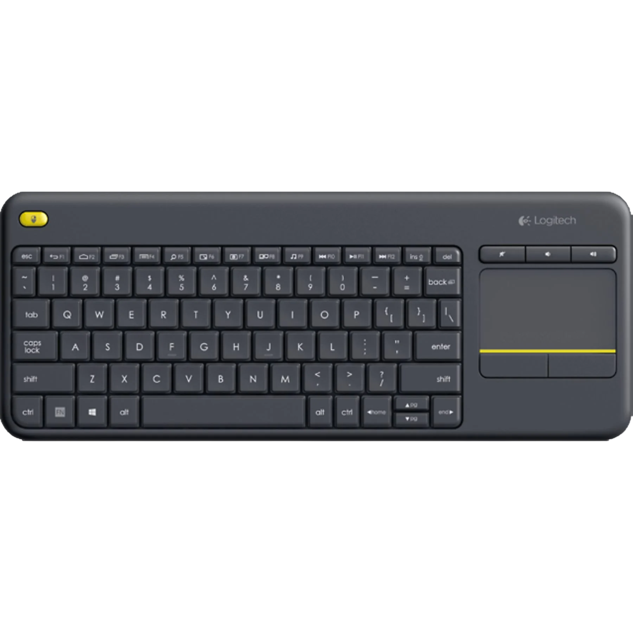 Dokunmatik yüzeyli bir Logitech klavye. Harfler, sayılar ve semboller dahil tuşları var. Klavye gri, sarı bir düğme var.