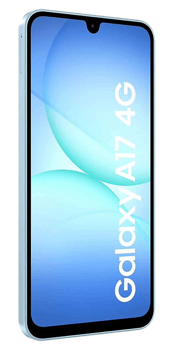 Un smartphone Samsung Galaxy A17 4G, marco azul claro, pantalla muestra un degradado azul con texto blanco.