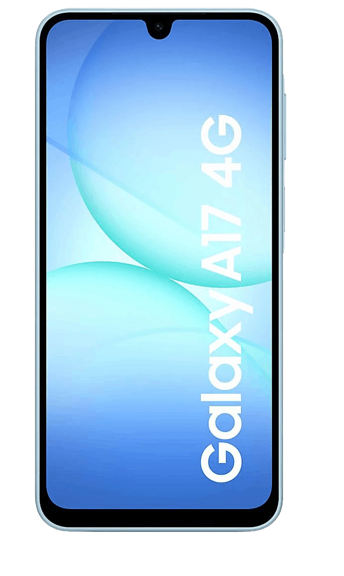 Un smartphone Galaxy A17 4G con pantalla de gradiente azul. El teléfono tiene una cámara frontal y un marco azul claro.