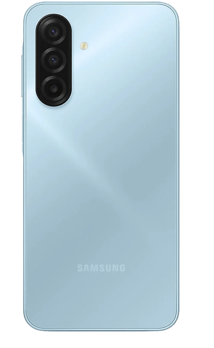 Teléfono inteligente Samsung azul claro. Tiene tres cámaras verticales. El logotipo de Samsung está en la parte inferior. El teléfono está sobre fondo negro.