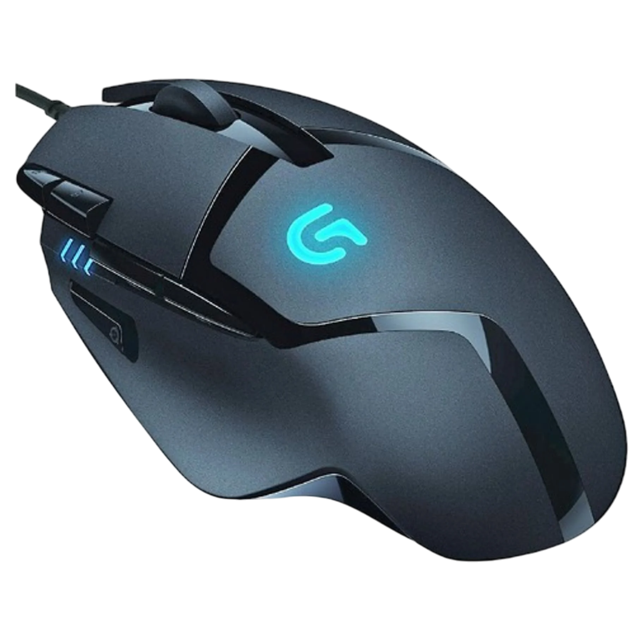 Mavi vurgulara ve Logitech logosuna sahip gri bir Logitech oyun faresi. Düğmeleri ve kaydırma tekerleği vardır.