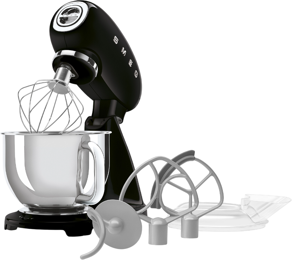 Ein schwarzer Küchenmixer mit Aufsätzen: Schneebesen, Knethaken und anderes Zubehör. Eine Edelstahlschüssel ist vorhanden.