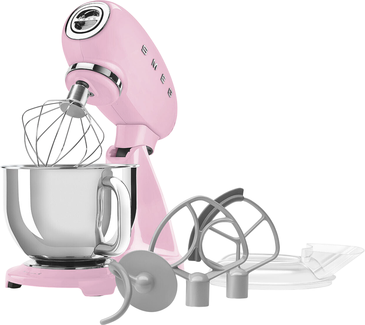 Ein rosafarbener Smeg-Küchenmixer mit Aufsätzen, darunter ein Schneebesen, Knethaken und Rührschüssel, steht auf schwarzem Grund.