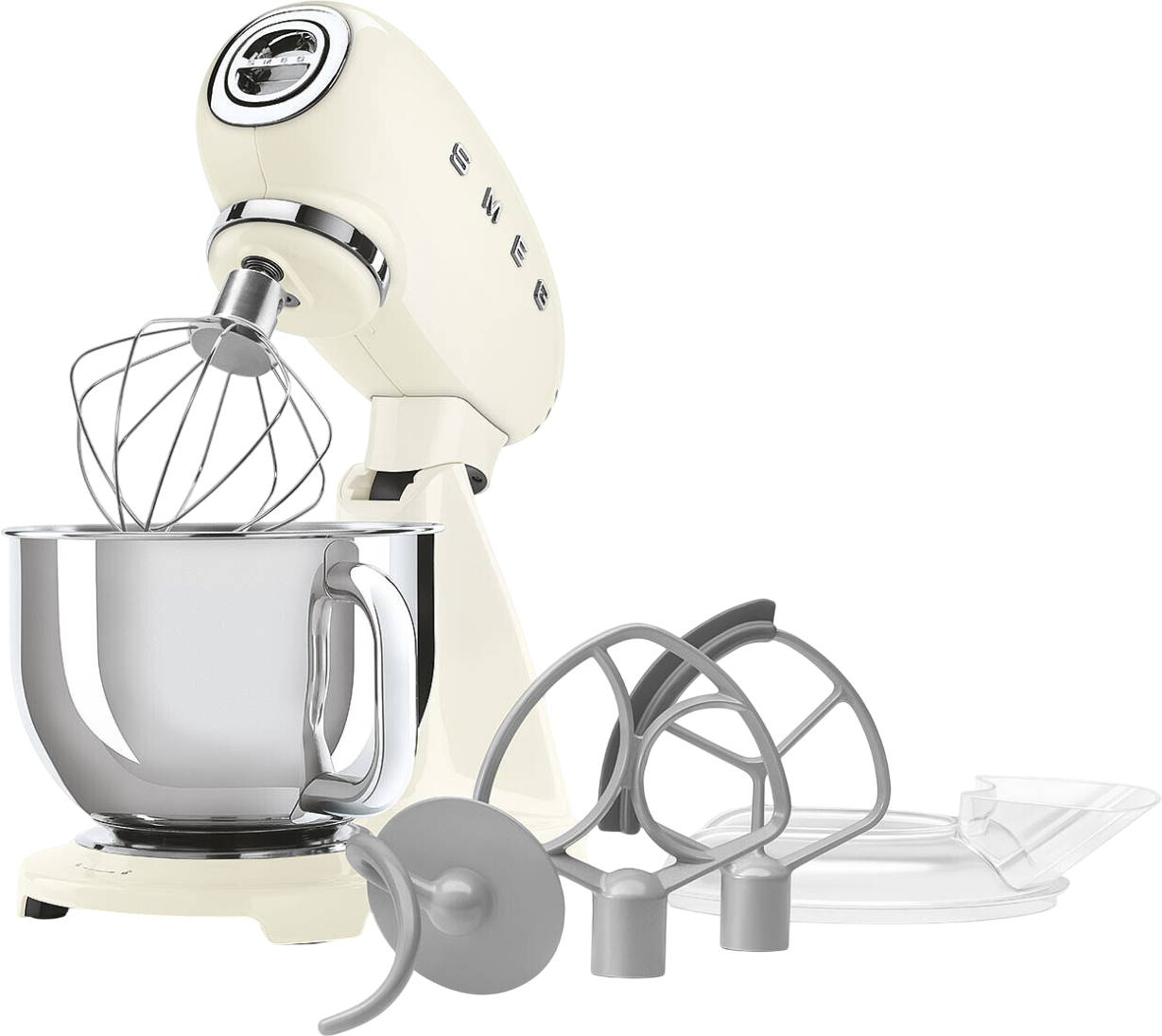 Cremefarbener Küchenmixer mit Aufsätzen: Schneebesen, Knethaken und zwei Rührbesen. Edelstahl-Schüssel enthalten. Schwarzer Hintergrund.