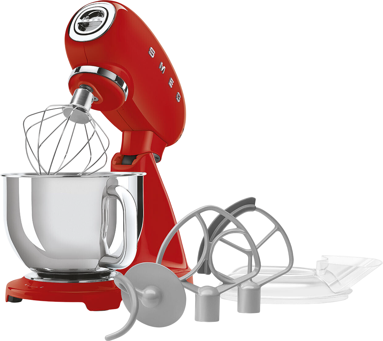 Ein roter Küchenmixer mit Aufsätzen auf schwarzem Hintergrund. Enthält einen Schneebesen, eine Schüssel und andere Werkzeuge.