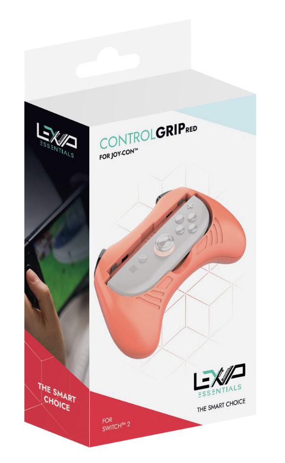 Czerwony Control Grip do Joy-Con jest pokazany w pudełku. Ręka trzyma Switcha.