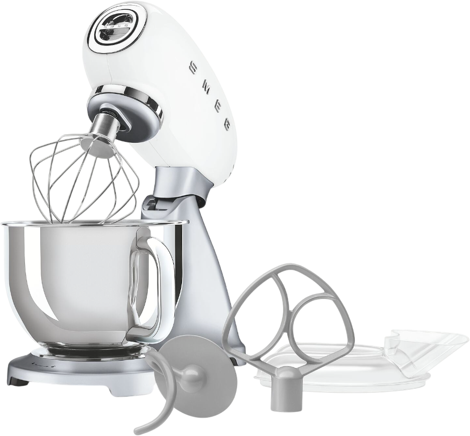Ein weißer und silberner Küchenmixer mit Aufsätzen. Er hat eine Schüssel und Zubehör zum Mixen und Kneten.