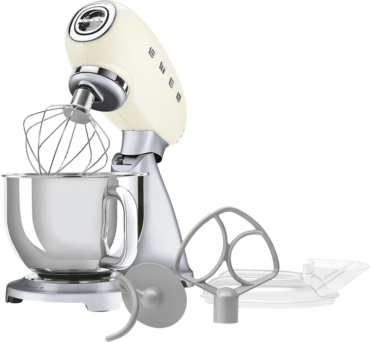 Cremefarbener Küchenmixer mit silbernen Aufsätzen und Schüssel. Enthält Schneebesen, Knethaken, Rührbesen und Spritzschutz. Schwarzer Hintergrund.